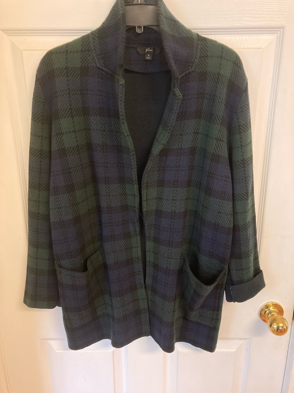 J. Crew Green and Navy Plaid Open-Front Cardigan